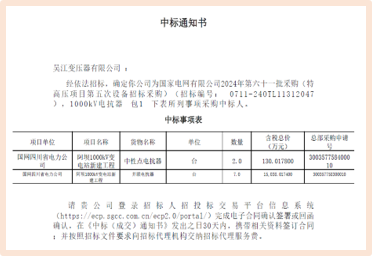 我司中標國網1000kV電抗器